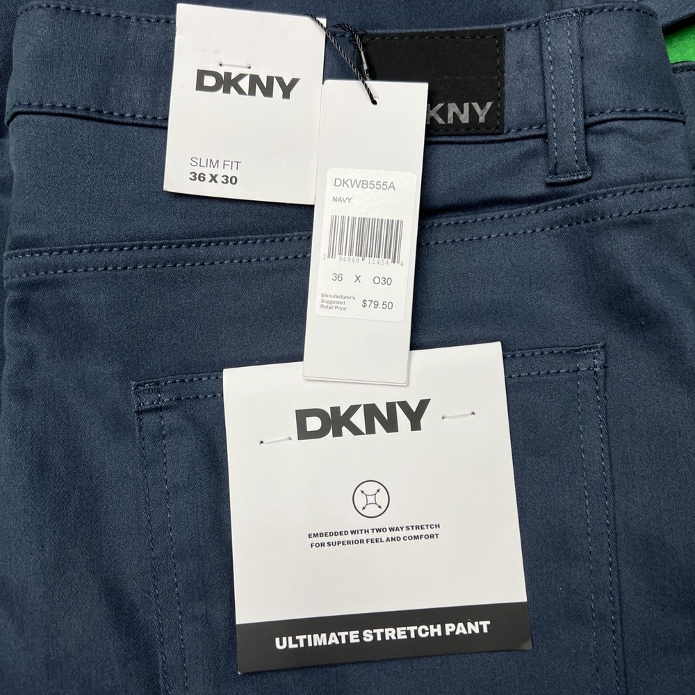 DKNY Ultimate Stretch Slim Fit Pants Stanton Mens Size 36 X 30 Navy New